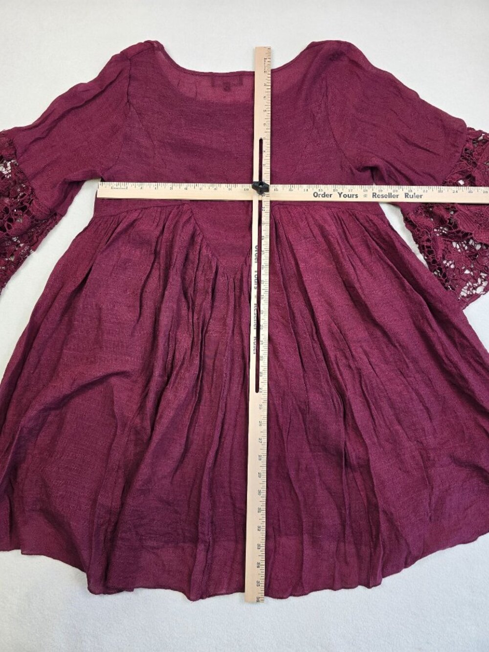 Medieval Boho Tunic Medium Burgundy Dress Crochet Lace Sleeves Pleated Skirt - Picture 4 of 4